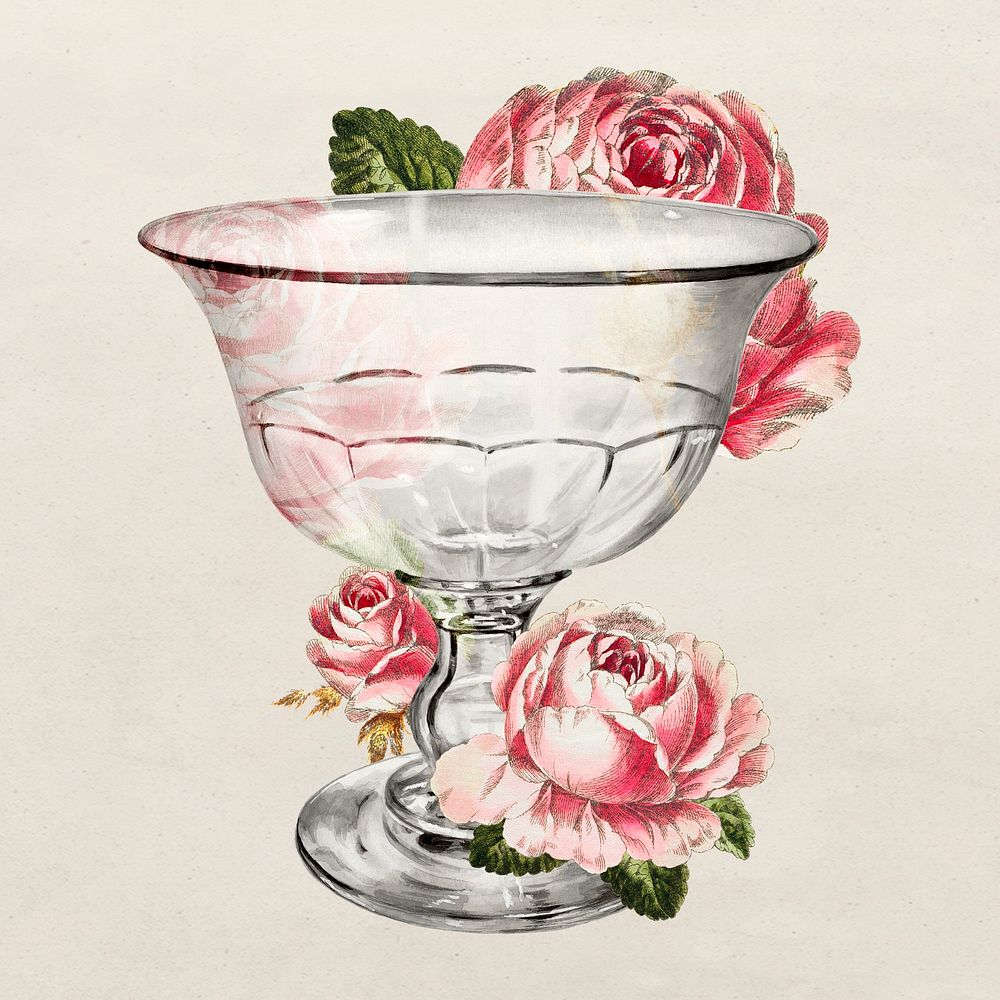 Vintage goblet decorated with flower illustration, remixed from the artwork by John Tarantino