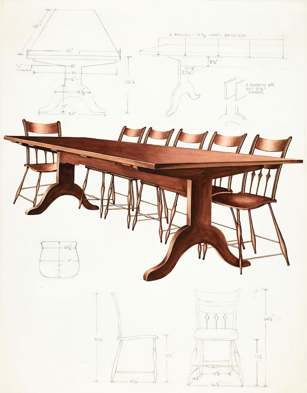 Shaker Dining Table and Chairs (c. 1937) by Lon Cronk. Original from The National Gallery of Art. Digitally enhanced by…