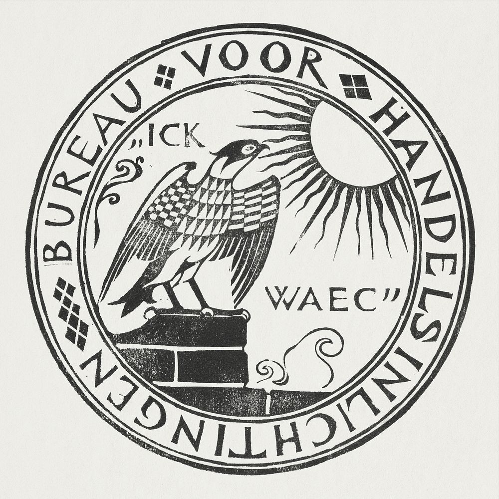 Vintage logo psd with bird staring at the sun, remixed from artworks by Gerrit Willem Dijsselhof