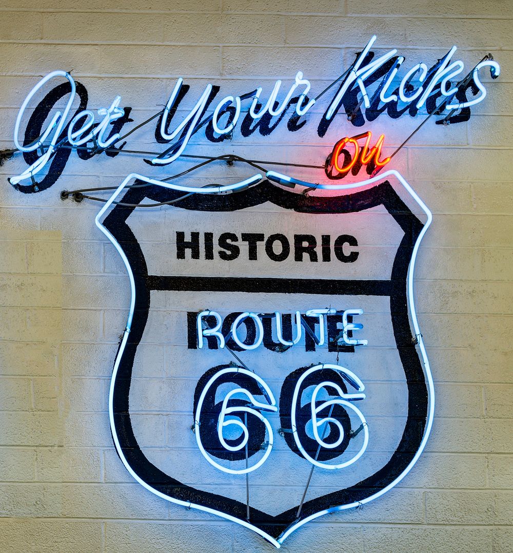 A neon sign of historic U.S. Route 66 in Amarillo, Texas. Original image from Carol M. Highsmith&rsquo;s America, Library of…