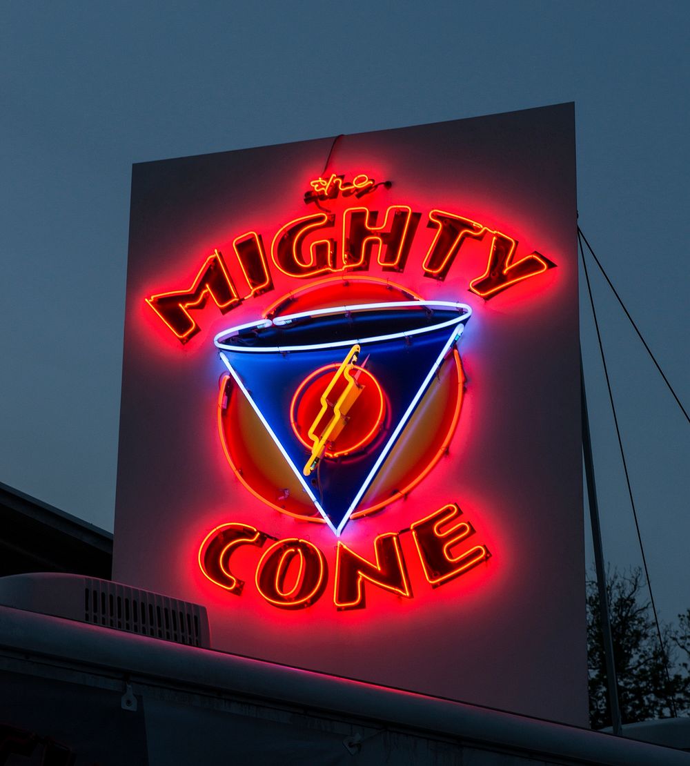 Mighty cone vibrant neon signs in Austin, Texas. Original image from Carol M. Highsmith&rsquo;s America, Library of Congress…