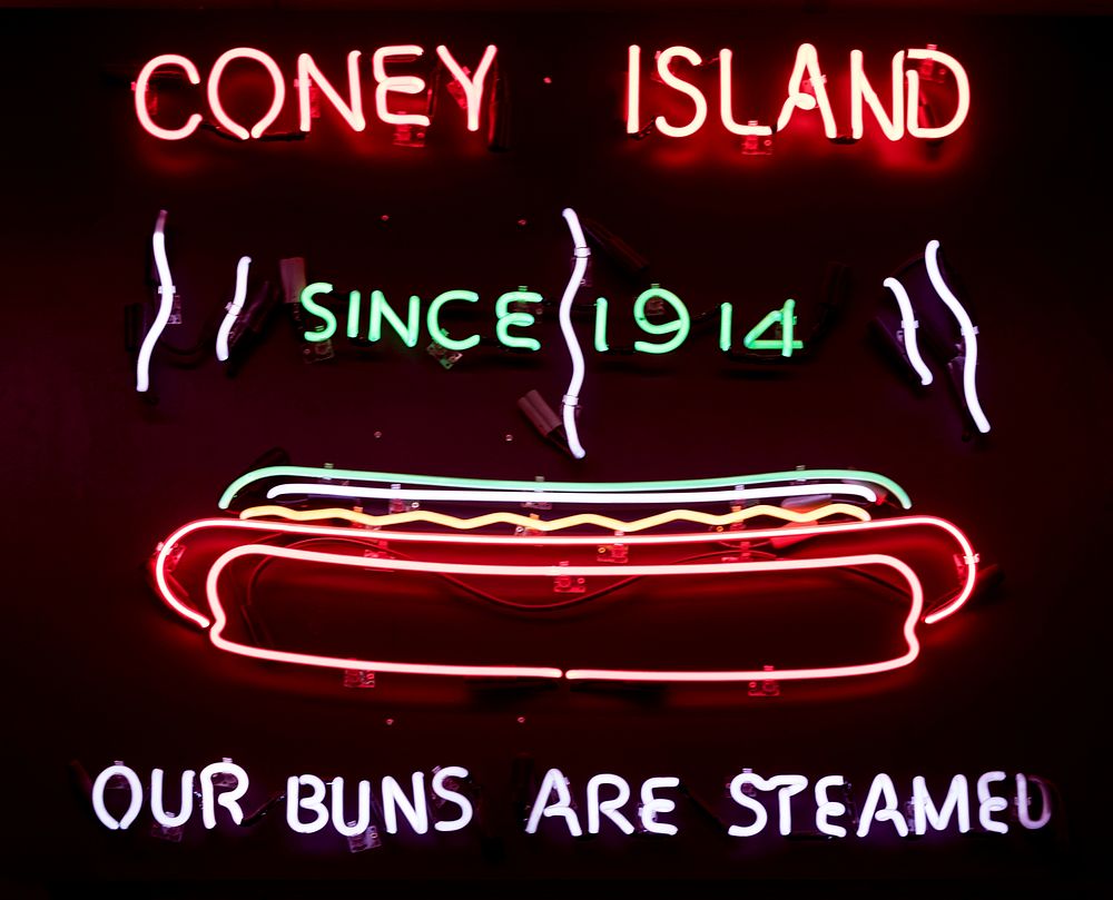 Coney Island Hot Dog shop neon sign in Fort Wayne, Indiana. Original image from Carol M. Highsmith’s America, Library of…