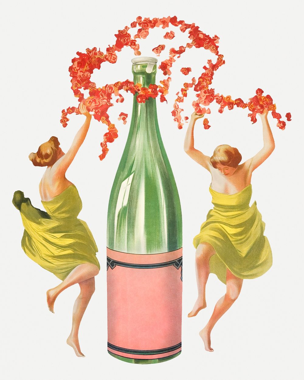 Mineral water bottle psd with women illustration, remixed from artworks by Leonetto Cappiello