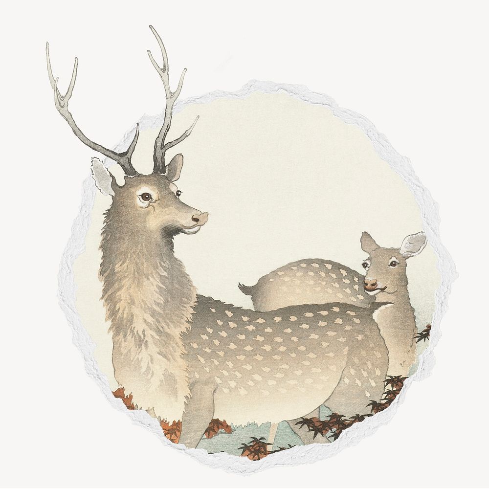 Ohara Koson's deers ripped paper badge, famous painting remixed by rawpixel
