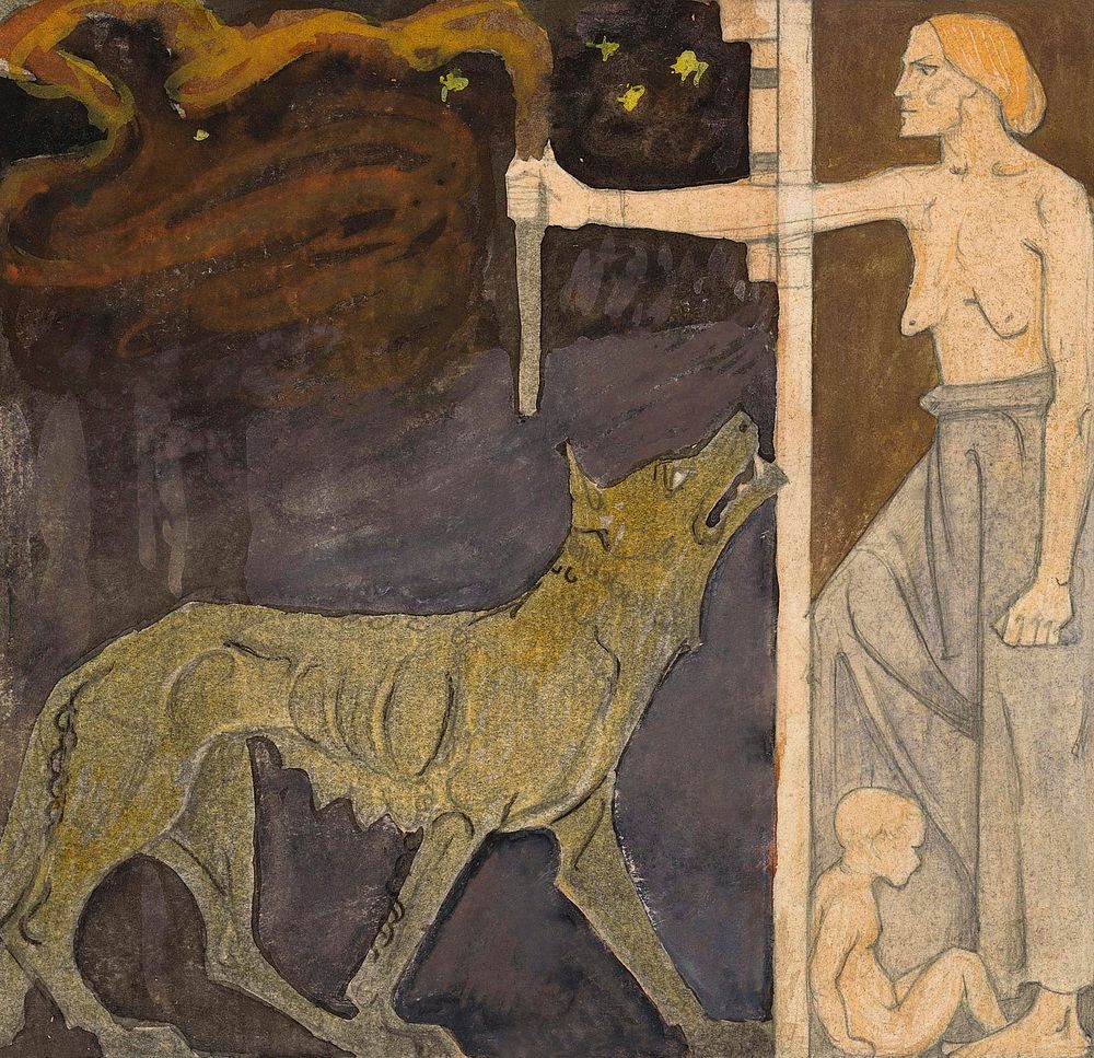 Woman with a torch, child and wolf (1904) painting in high resolution by Richard Roland Holst. Original from the…