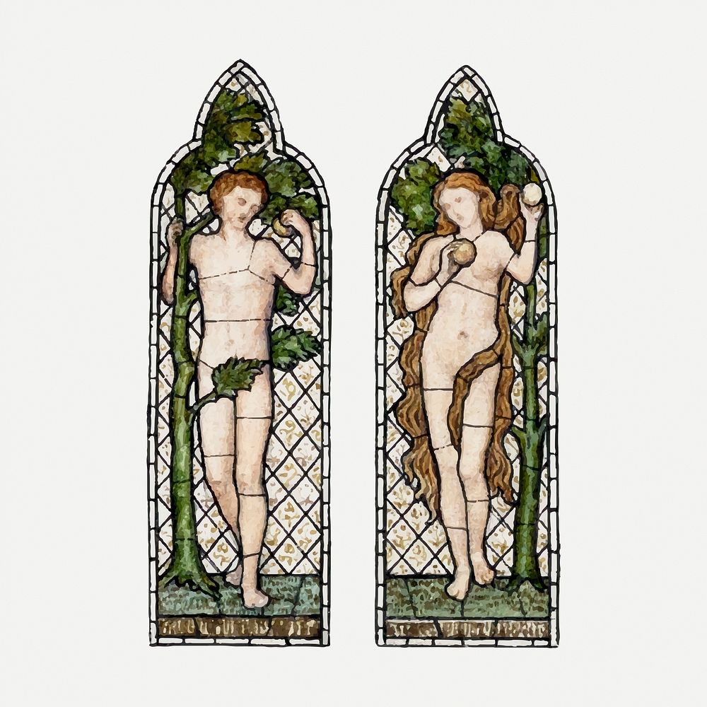 Adam and Eve illustration, remixed from artworks by Sir Edward Coley Burne&ndash;Jones