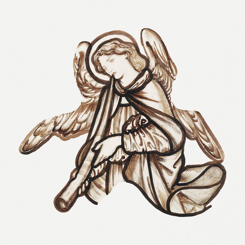 Angel playing a horn illustration, remixed from artworks by Sir Edward Coley Burne&ndash;Jones