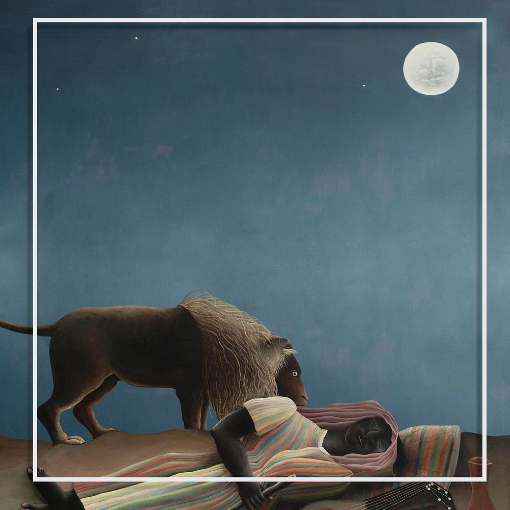 Frame famous night painting, lion and sleeping Gypsy, remixed from artworks by Henri Rousseau