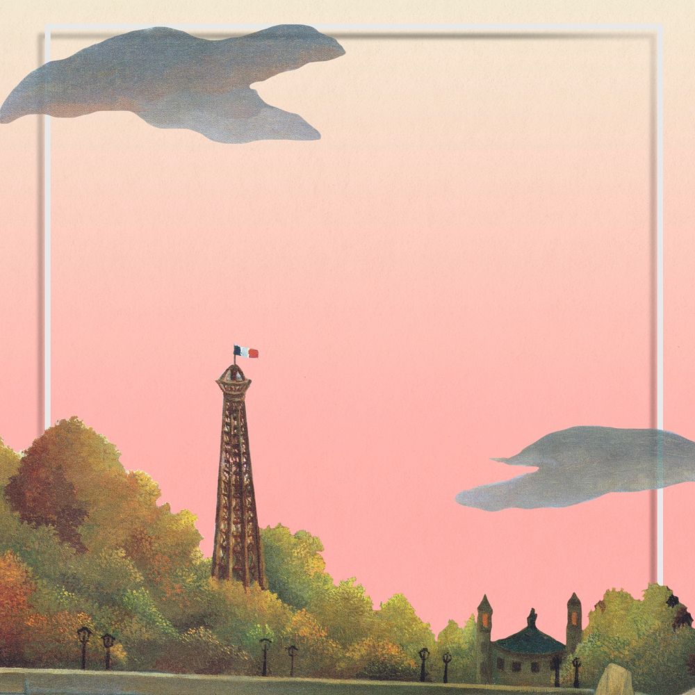 Paris frame famous French painting, Eiffel-tower in the sunset, remixed from artworks by Henri Rousseau