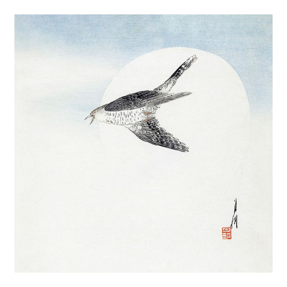 Bird art print, vintage cuckoo illustration, remixed from woodblock print artworks by Ogata Gekko