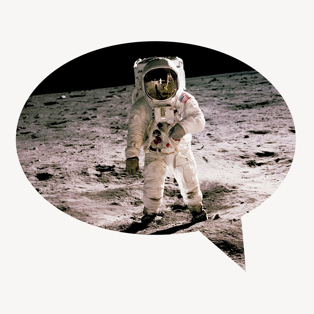 Astronaut on the moon speech bubble badge, space photo