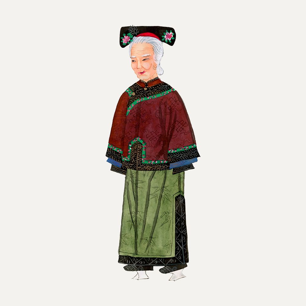 Old lady in light green embroidered silk costume illustration vector