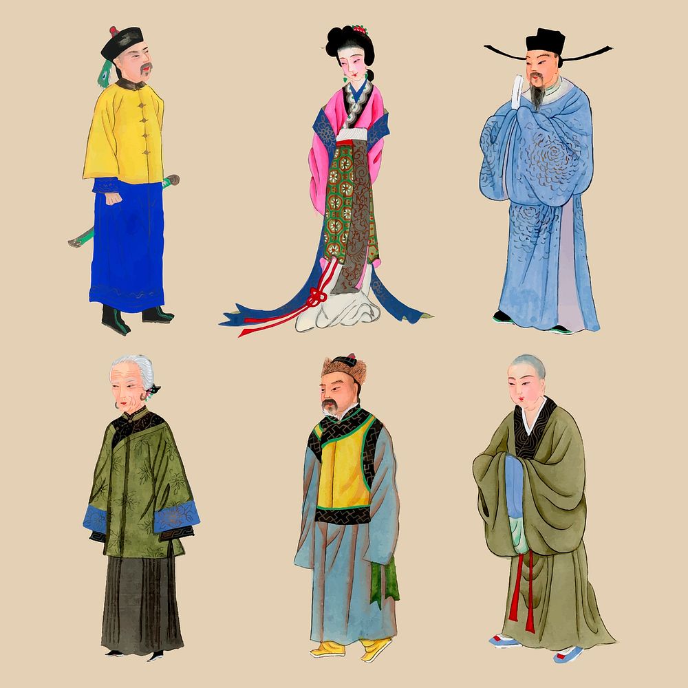 Qing dynasty Chinese costume sticker collection, traditional design vector set