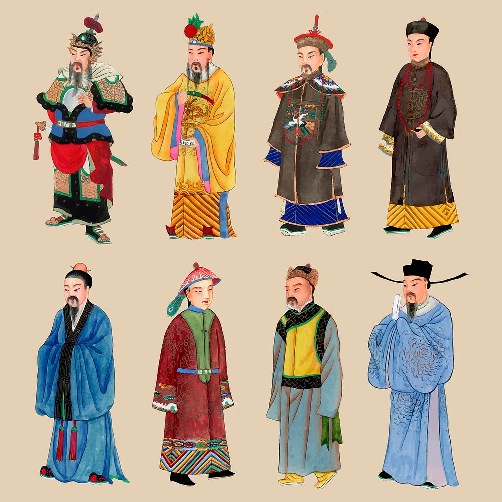 Qing dynasty Chinese costume stickers, traditional design vector set
