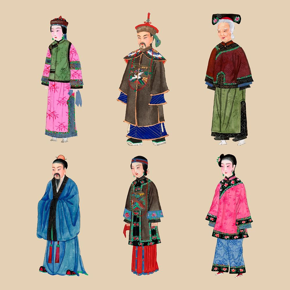 Qing dynasty Chinese costume sticker collection, traditional design vector set