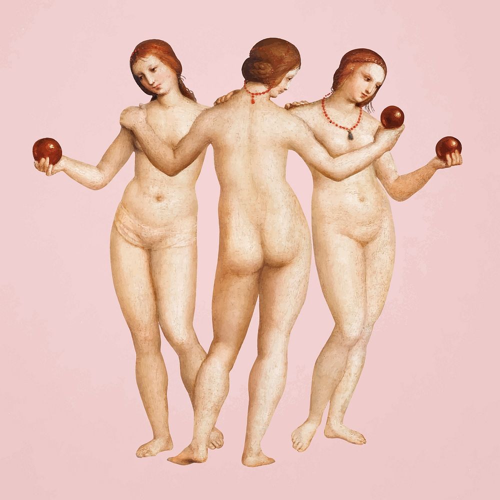 Three Graces vector, nude goddess famous painting, remixed from artworks by Raphael