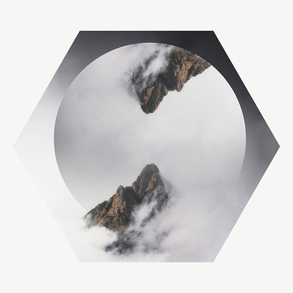 Foggy mountain peaks hexagon shape badge, nature photo