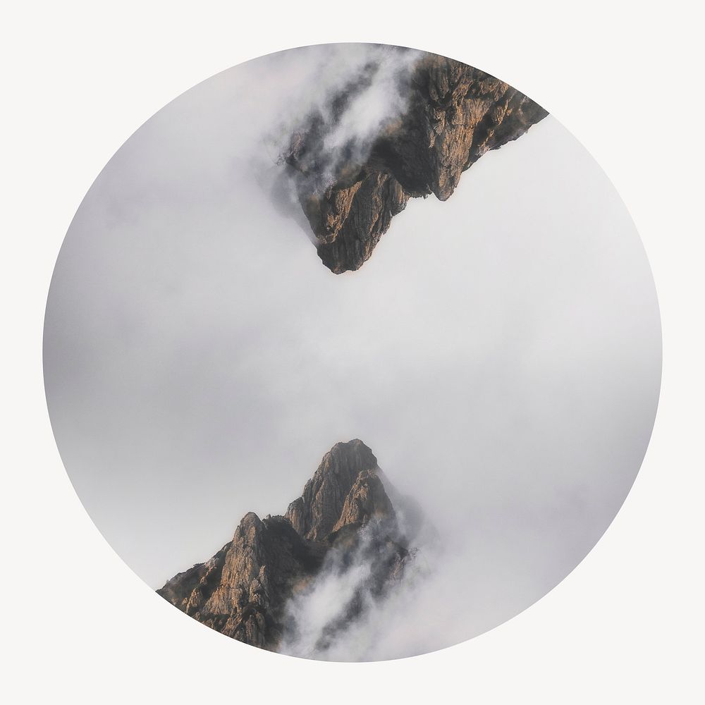 Foggy mountain peaks circle shape badge, nature photo