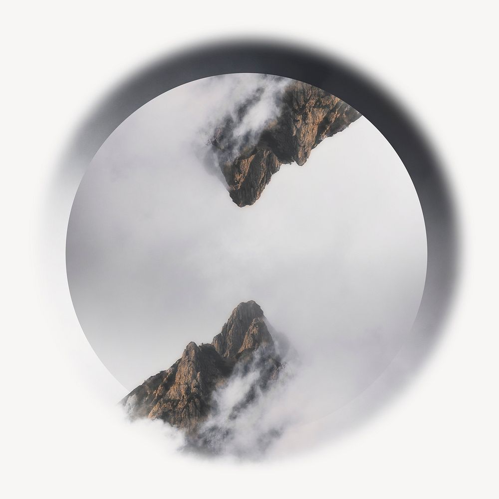 Foggy mountain peaks blur edge circle badge, nature photo