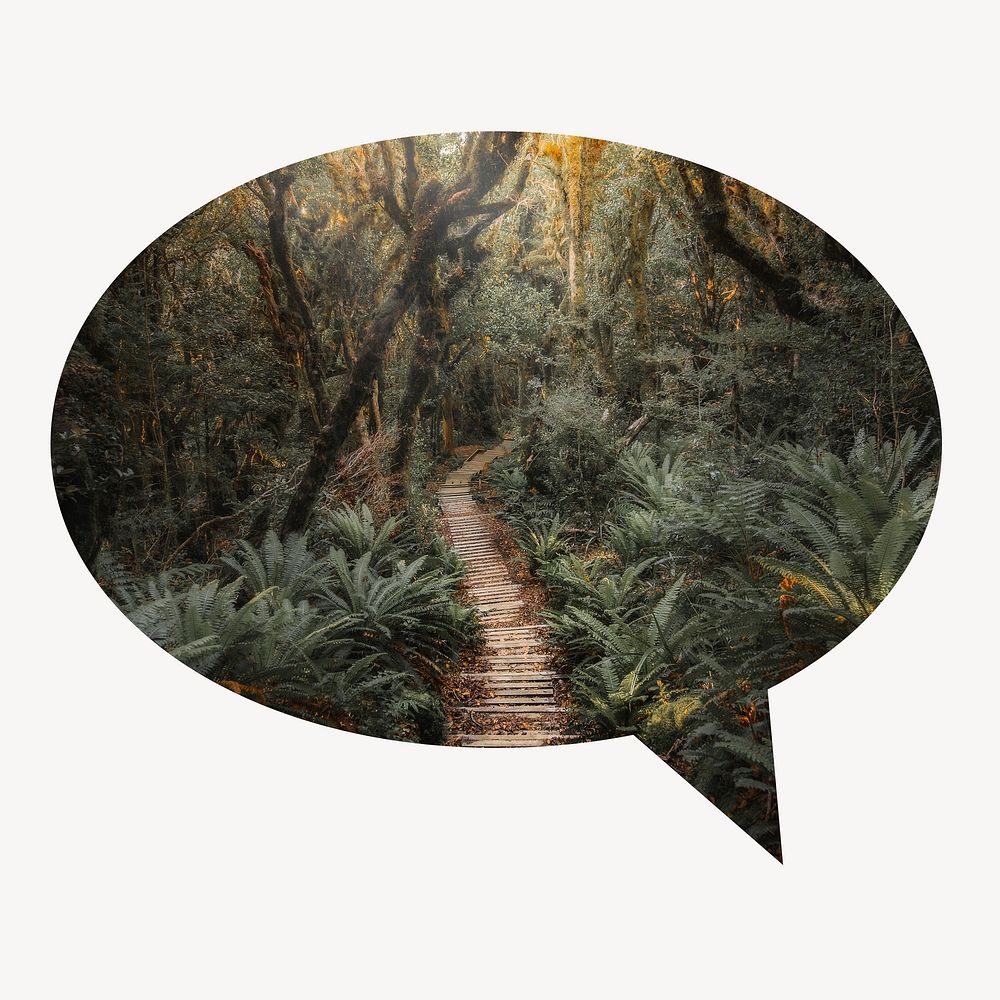 Forest pathway speech bubble badge, nature photo