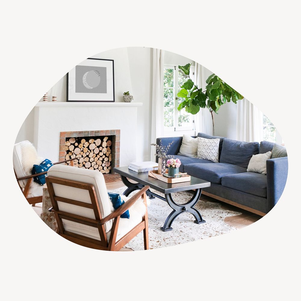 Cozy living room blob shape badge, interior photo