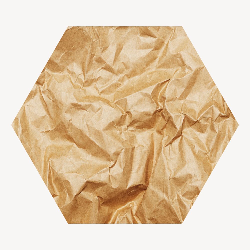 Crumpled paper hexagon shape badge, texture photo