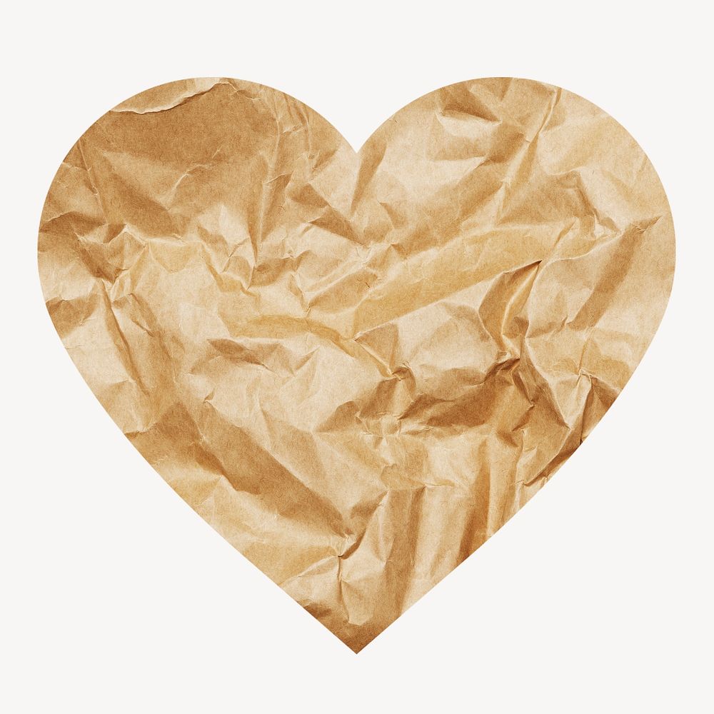 Crumpled paper heart shape badge, texture photo