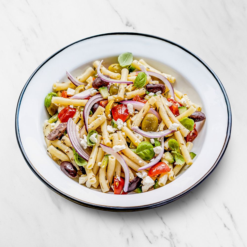 Macaroni pasta salad with feta and olives, healthy Greek summer dish