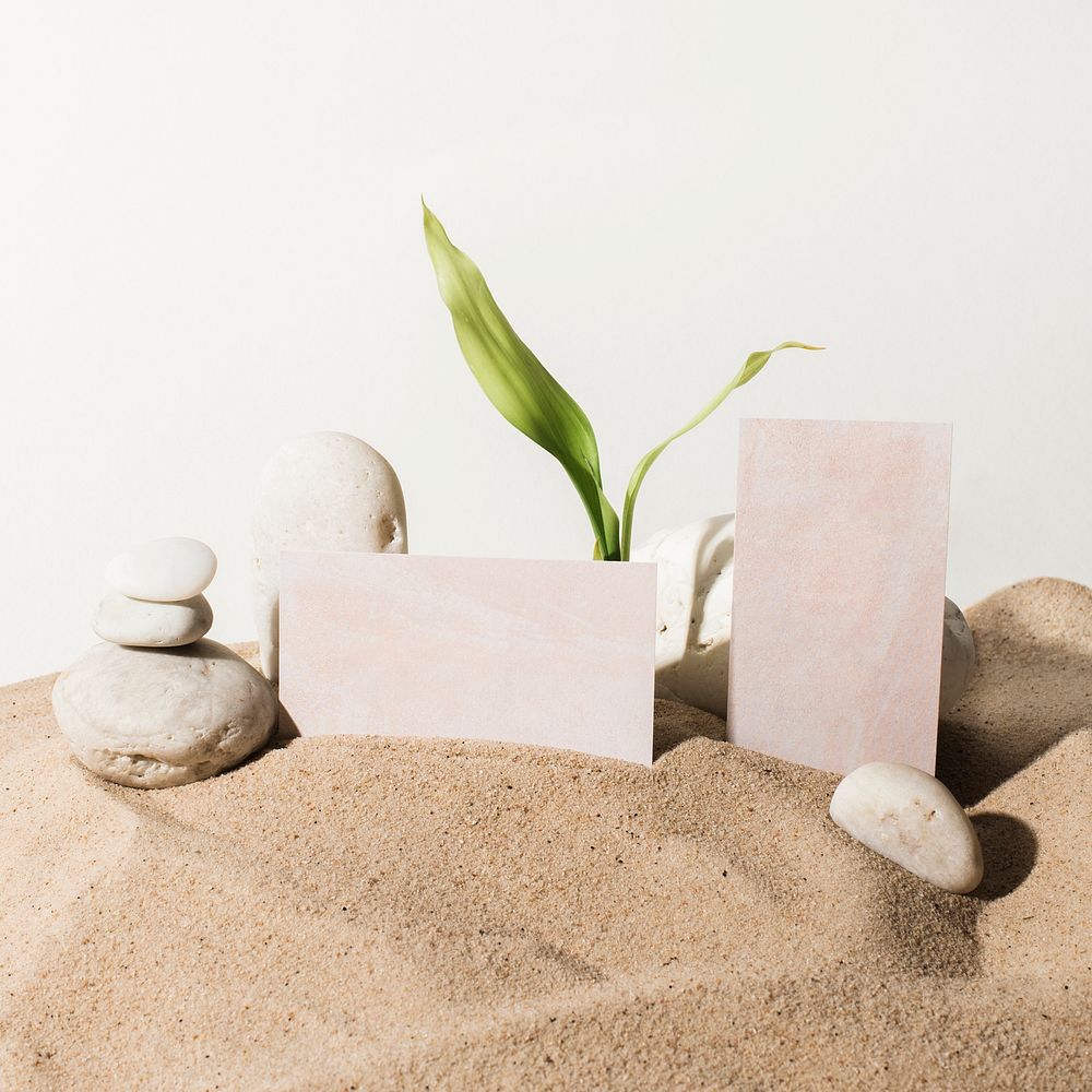 Aesthetic business cards tucked in the sand with design space
