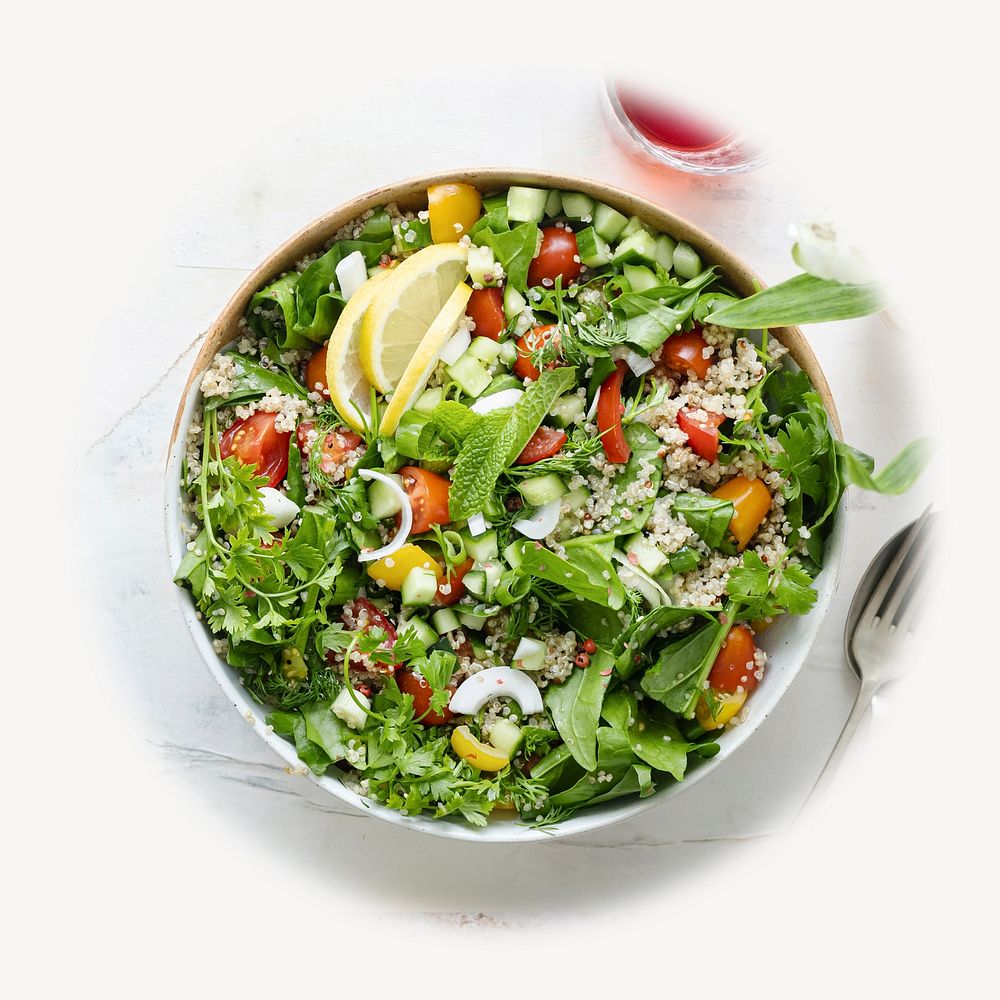 Salad bowl blur edge circle badge, healthy food photo 