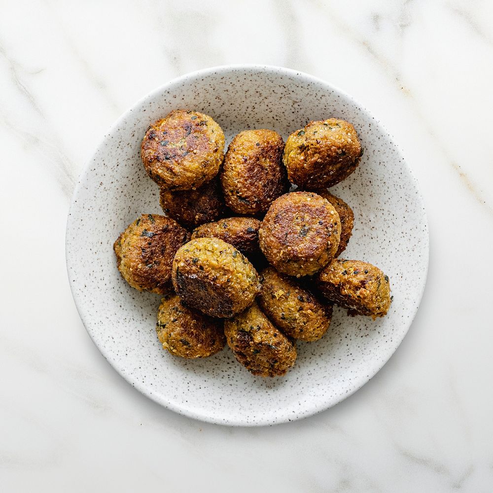 Sweet potato falafel bowl in flat lay style