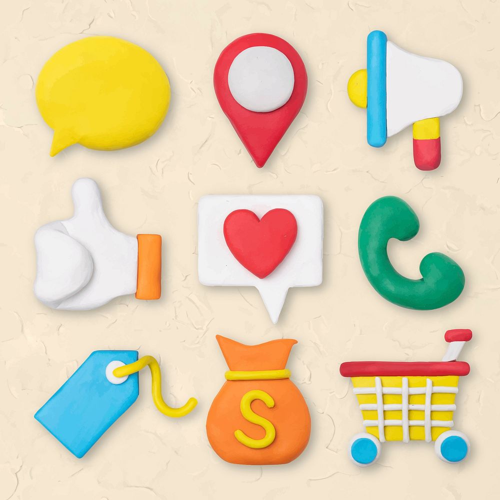 Marketing business icon vector creative colorful clay kids graphic set