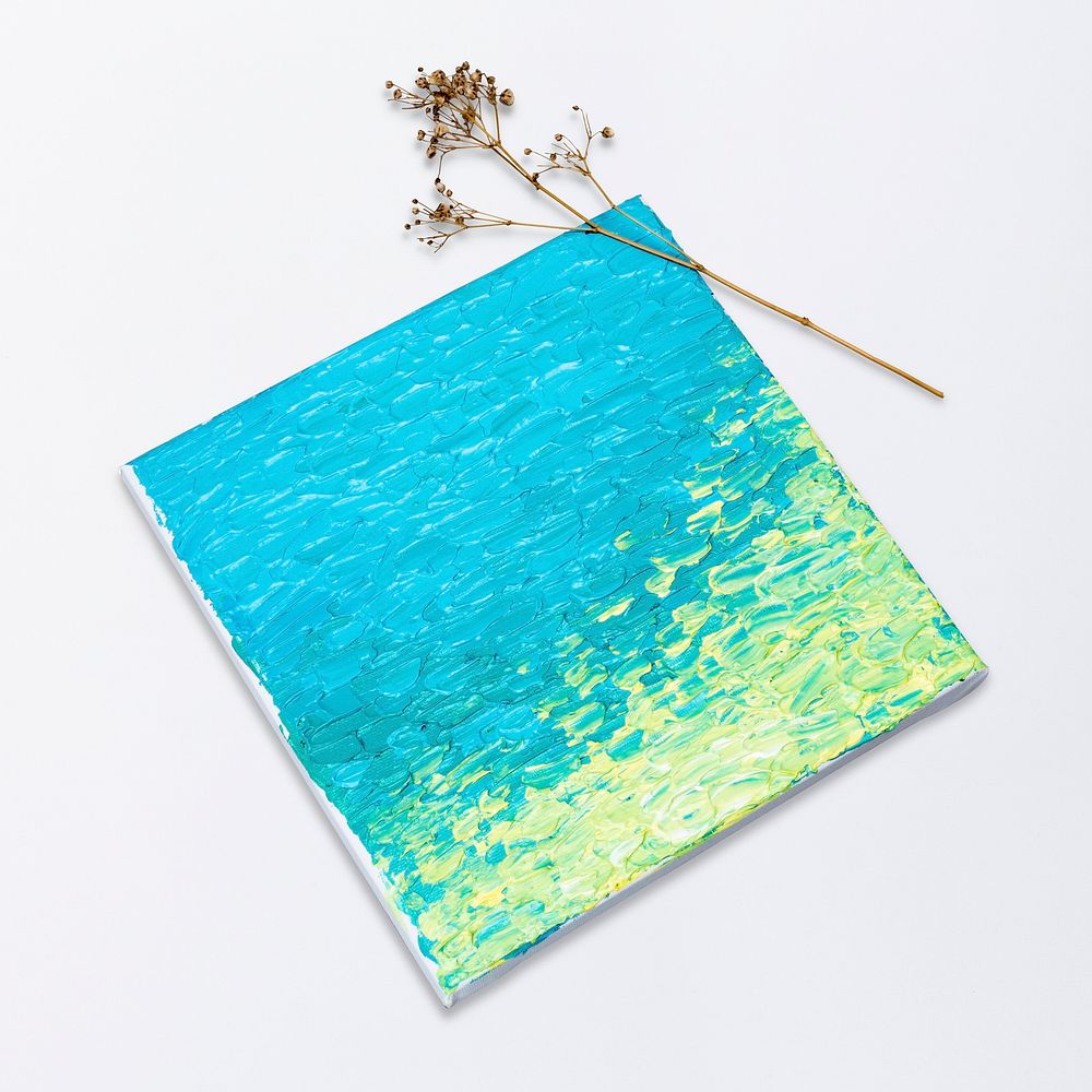Beautiful blue painting canvas with aesthetic dried flower