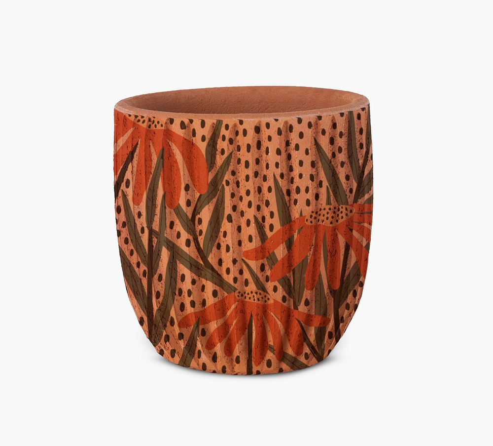 Patterned clay plant pot with floral pattern