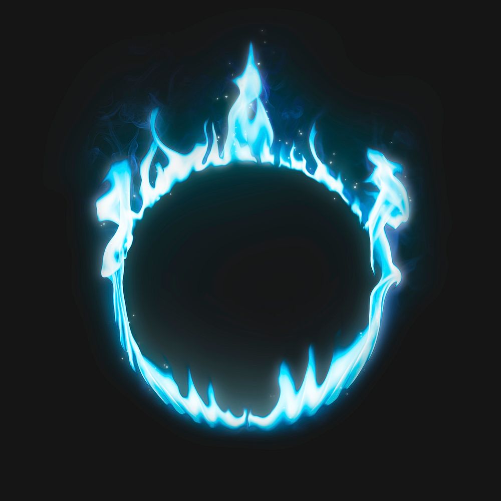 Flame frame, blue neon circle shape, realistic burning fire psd