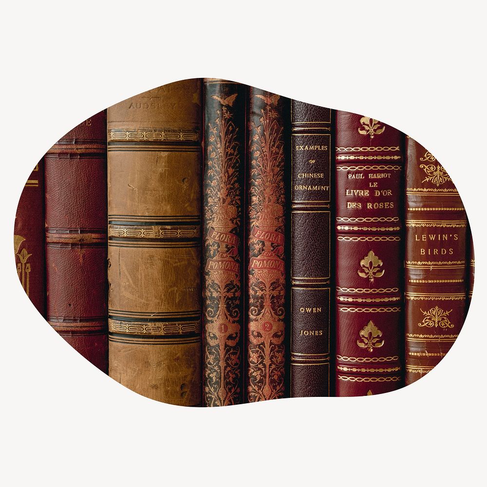 Leather book spines blob shape badge, library photo