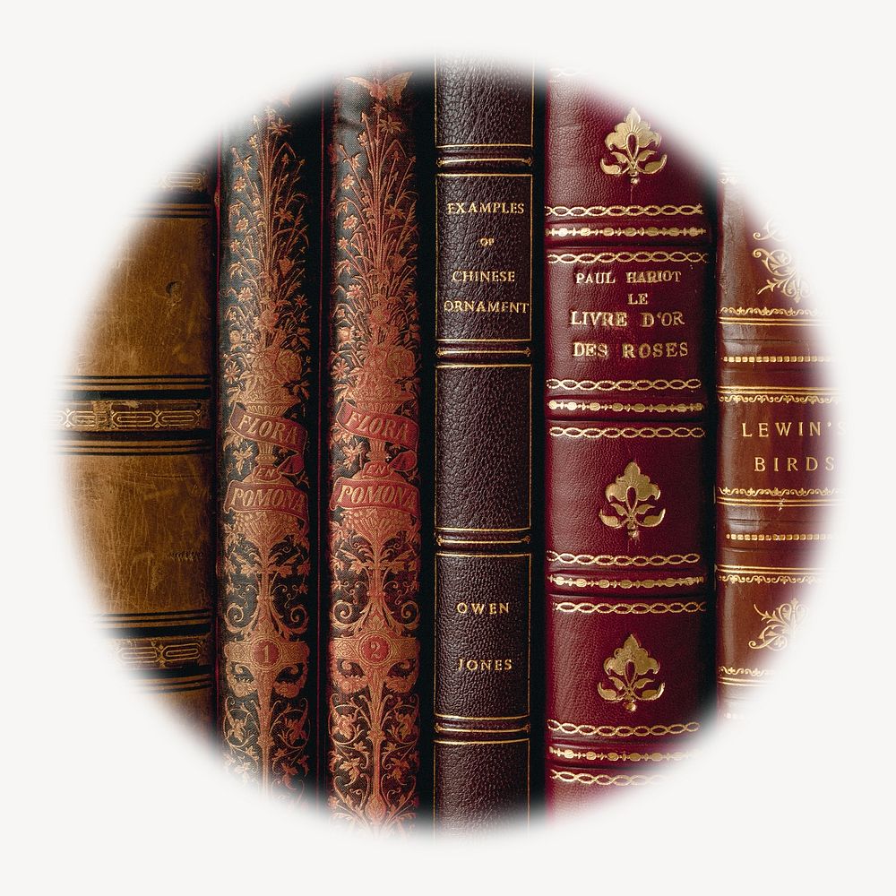 Leather book spines blur edge circle badge, library photo 