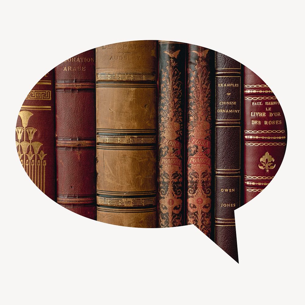 Leather book spines speech bubble badge, library photo