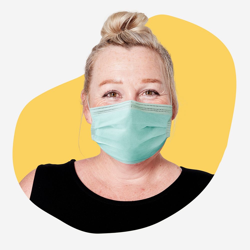 Woman wearing mask blob shape badge, Covid-19 prevention photo