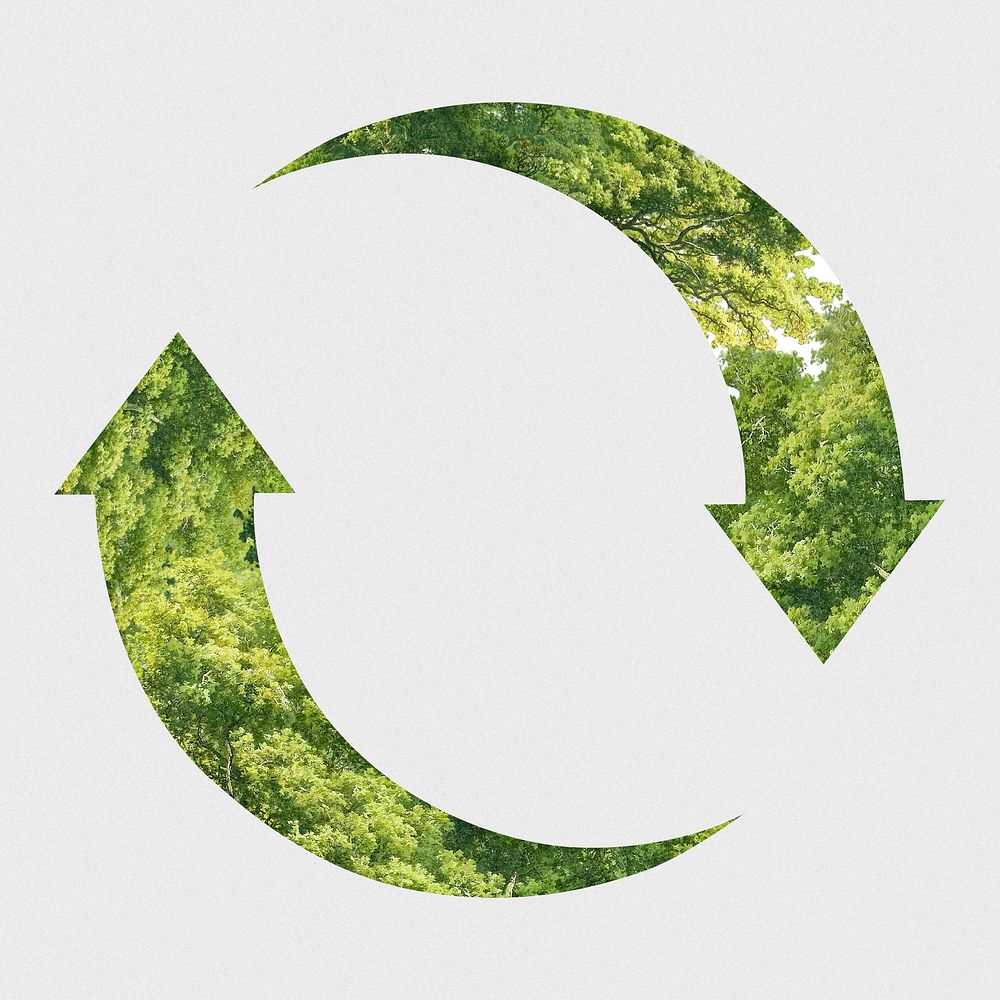 Green recycling symbol with growing trees remixed media