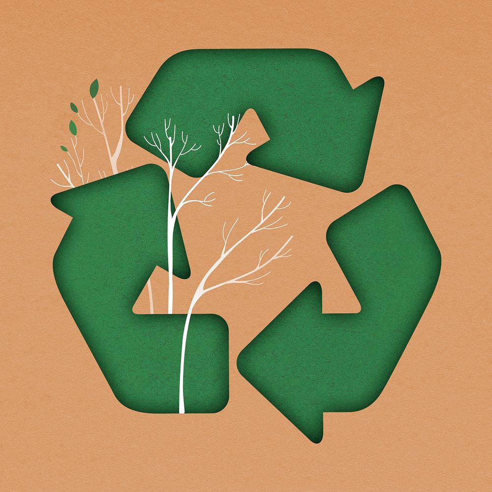 Green recycling symbol with growing trees on orange background