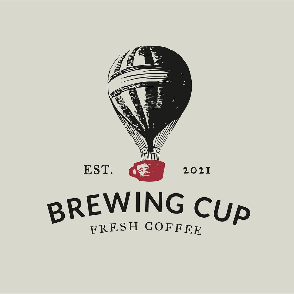 Editable coffee shop logo psd business corporate identity with text and hot air balloon