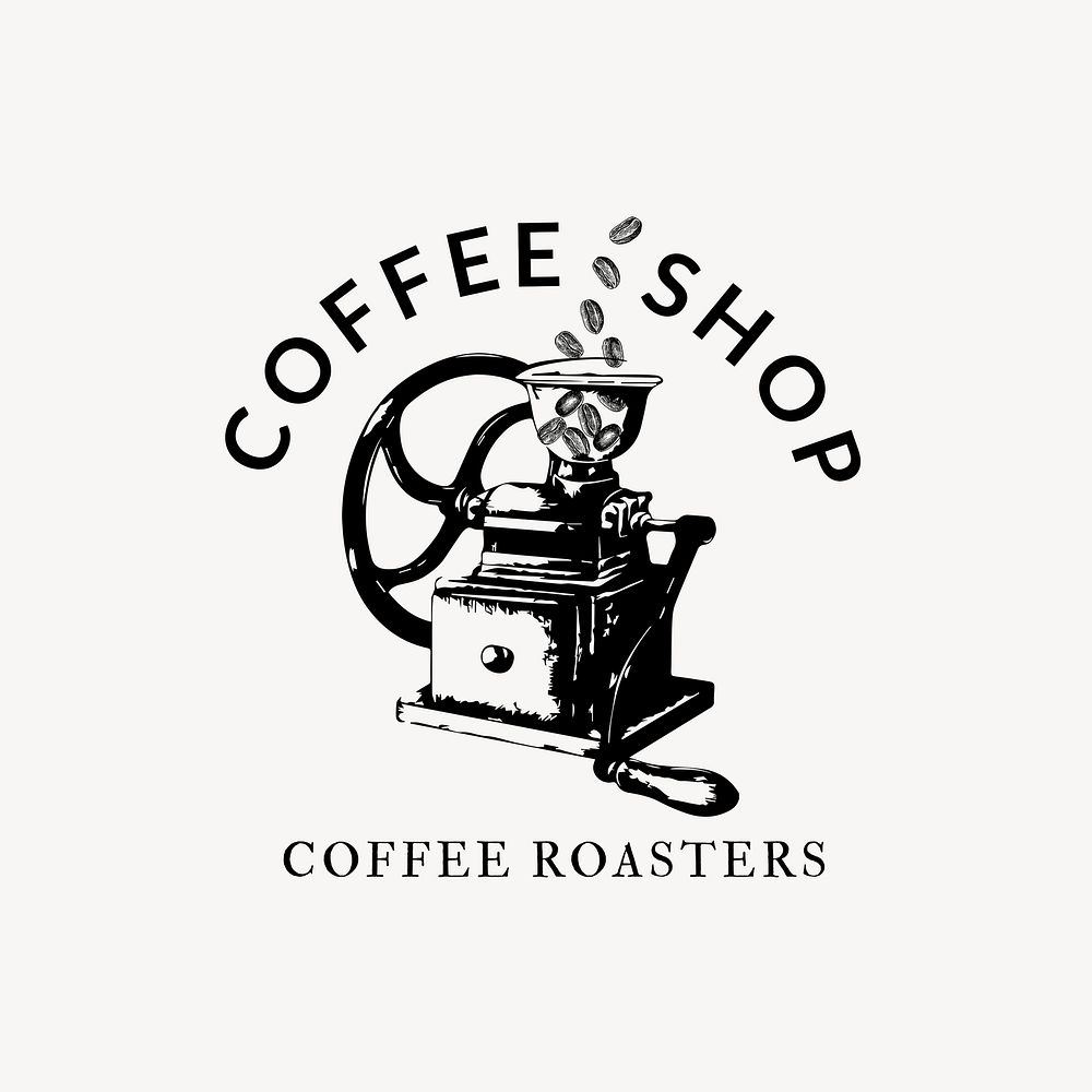 Coffee shop logo psd business corporate identity with text and retro manual coffee grinder