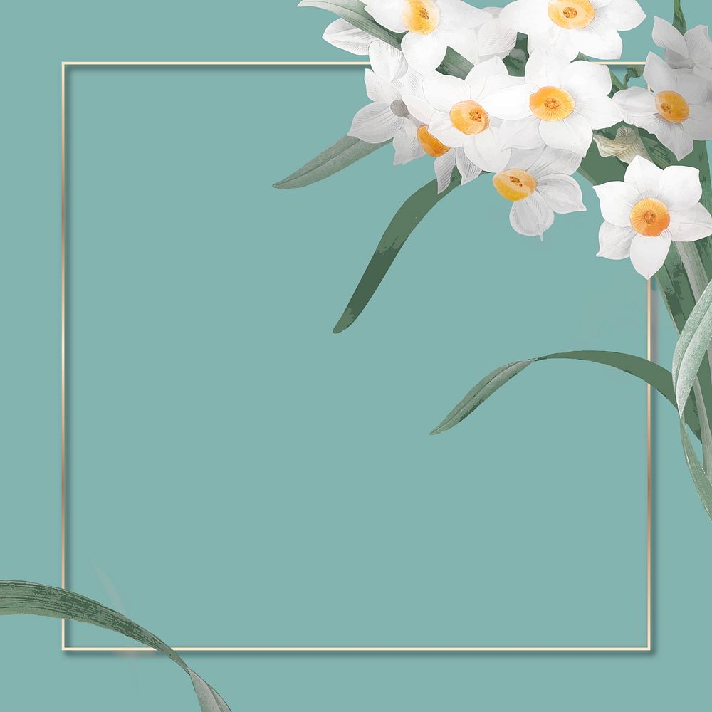 Gold frame vector with daffodil border on green background
