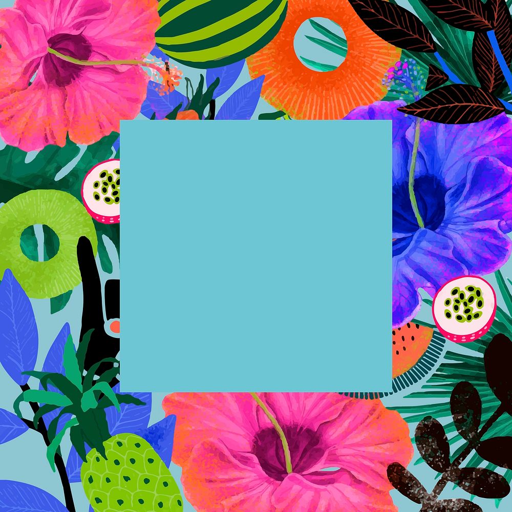 Tropical flower frame psd illustration in colorful tone