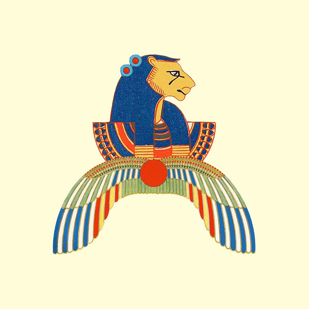 Egyptian Maahes psd lion headed god illustration, remixed from public domain artworks
