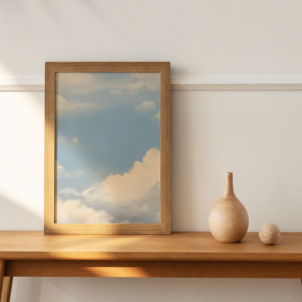 Wooden picture frame with blue sky