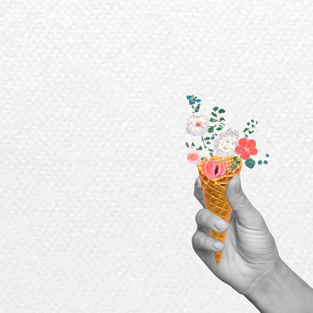 Floral cone background vector in hand, remixed from artworks by Pierre-Joseph Redout&eacute;