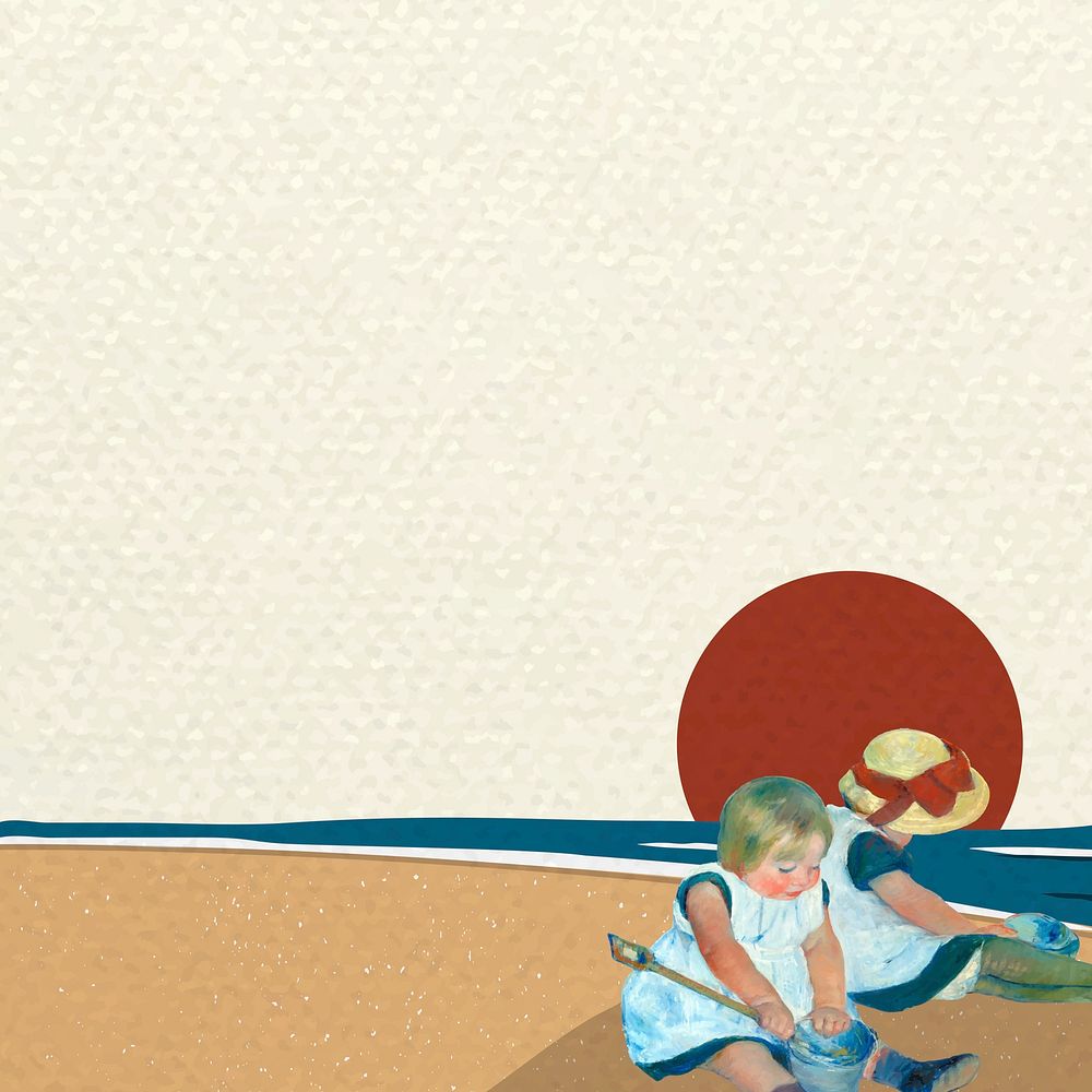 Beach background vector with children playing together, remixed from artworks by Mary Cassatt