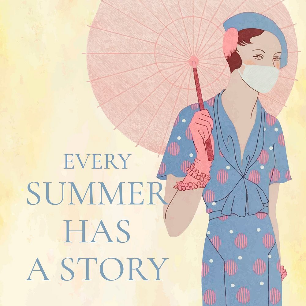 Social media template vector with woman holding vintage umbrella, remixed from artworks by M. Renaud